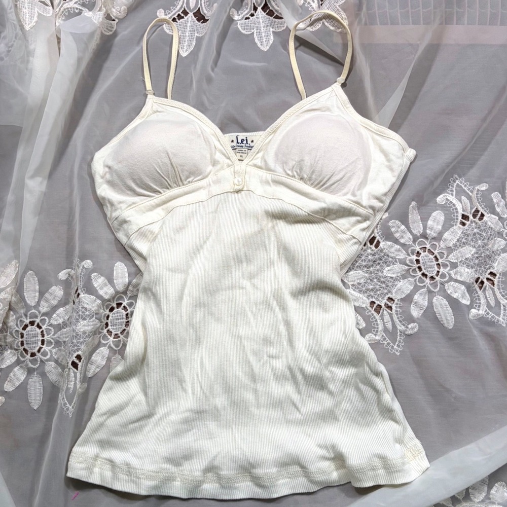 RARE Y2K Babydoll Vintage L.E.I. Ribbed Empire Waist Camisole Top Cream XL